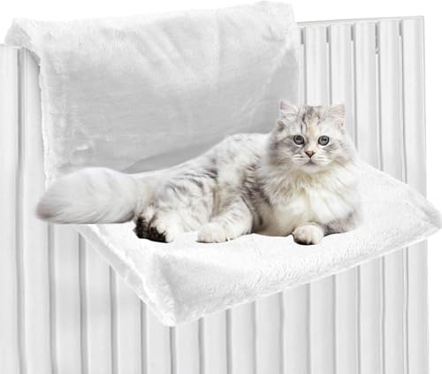 Lit suspendu pour chat - Lit de radiateur pour chat - Lit confortable pour chauffage - Tissu peluche - Hamac pour chauffage - Cadre en métal stable - Tissu en peluche pliable (blanc)