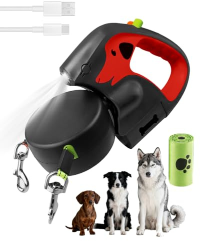 Laisse Double pour Chien Rétractable 3 m, Rotation 360°, Promenade Facile pour 2 Chiens de Petite et Moyenne Taille, Poignée Antidérapante, Anti-Nœuds, LED et Distributeur de Sacs à Déchets, Rouge
