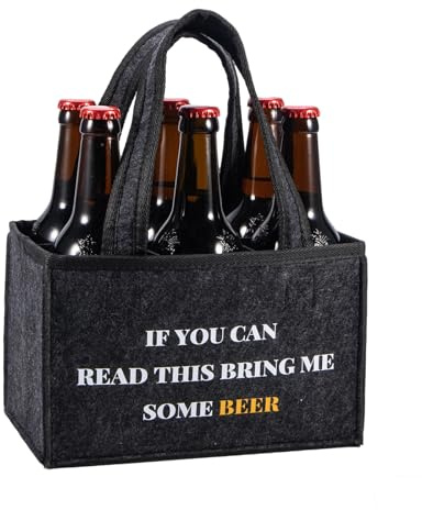 KHstylehoo Ultimate Beer Gifts for Men, 6 Bottle Beer Carrier Bag - Grey Felt Bottle Bag with Bring Me Beer Slogan, Perfect Birthday, Retirement Gifts for Men, Him, Husband, Practical Mens Gift Idea
