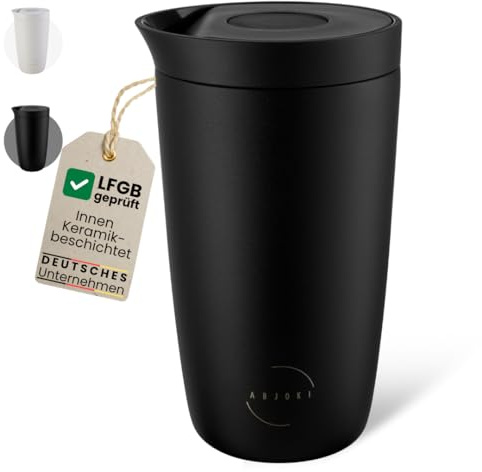 Abjoki Thermobecher 350ml SNUG – Keramik-Beschichtung für puren Geschmack – Auslaufsicherer Kaffeebecher To Go Edelstahl – Hält 6h heiß & kalt – Isolierbecher Onyx Black