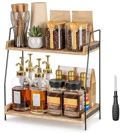 Kaffee Organizer -Küchen Organizer Holz, 2 Tier Kaffeebar Arbeitsplatte | Vintage Gewürzregal Stehend für Kaffeestation mit Schraubendreher, Tassenregal für Küche Büro Bad, Braun, 37 x 19 x 33 cm