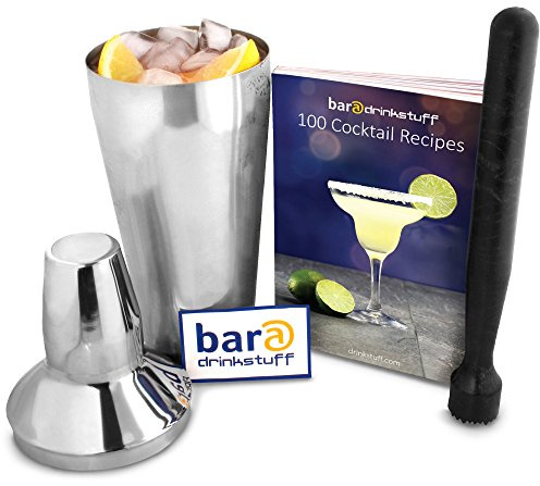 Introductory Cocktail Set with Cocktail Recipe Book, Cocktail Shaker & Muddler by bar@drinkstuff | Cocktail Starter Set - Great Introduction to Cocktails