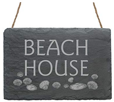 Wetterfeste Schiefertafel « BEACH HOUSE » mit Motiv MUSCHELN - Schild Türschild Dekoschild Geschenk - Strand Strandhaus Ferienwohnung Pension Hotel Bungalow