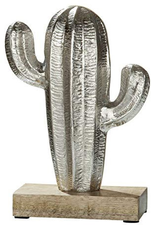 GILDE Säulenkaktus auf Holzbase Silber, Base aus Mangoholz Länge 12,5 cm Breite 7,5 cm Höhe 21,0 cm 48834