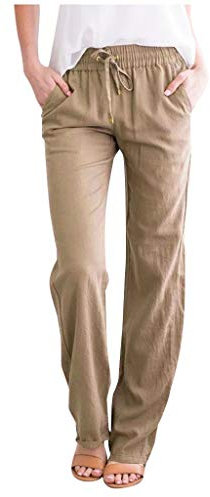 OverDose Soldes Pantalon Fluide en Lin Femme Grande Taille Taille Haute, Été Fille Pantalons Large Droite Loose Casual Pants Sportwear Blanc Noir Bleu Kaki