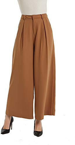 Tronjori Damen Hose Weites Bein Frauen Lange Hose mit Taschen Einfarbig Lose elastische Hohe Taille Freizeithose Business-Arbeitshose für Freizeit Arbeit Büro(S,Braun)
