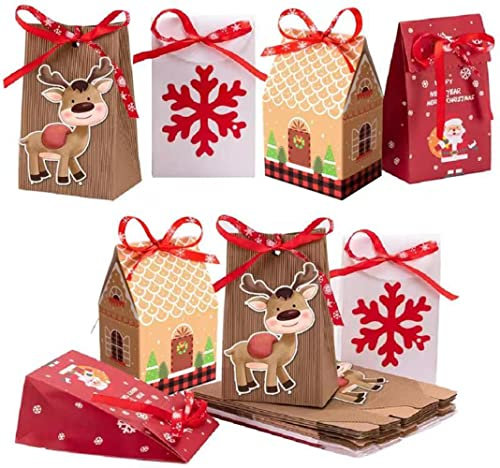 MonQi 24 Stücke Weihnachten Geschenktaschen Papiertüte mit 24 Weihnachtsbänder, Geschenktüten Kraftpapier Schokolade Süßigkeiten Geschenkbox Partytasche für Geburtstag(4 Stil) (24 Stücke)