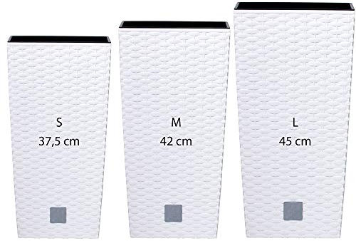 Pack 3 macetas altas Prosperplast (11,4/16,3/19 litros) Rato Square de plastico en color blanco con deposito.