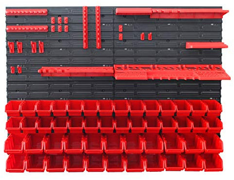 REXXER Stapelboxen Lagersystem - Werkstatt Wandregal & Werkzeughalter - Modulares Werkzeugregal für Garage & Werkstatt - Lochwand mit 113 Teilen