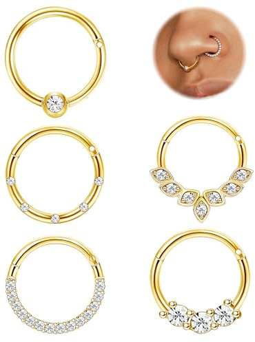 CASSIECA 5 Stück Nasenpiercing Chirurgenstahl Nasenringe 16G, Aufklappbarer Zirkonia Piercing Schmuck, Septum Clicker Lippenringe, Helix Piercing Conch Piercing Tragus Ohrringe, 8 mm