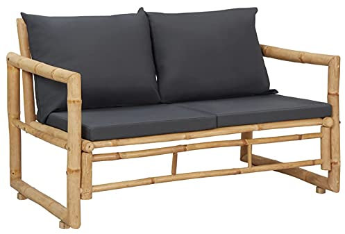 Susany Gartenbank mit Kissen Bambus Sitzbank Outdoor Bank Terassenbank Parkbank Außenbank Dunkelgrau 115 cm