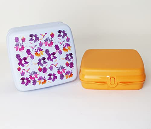 TUPPERWARE Mikrowelle Sandwichbox, Lunchbox, Brotdose Türkis Blumen + Orange Uni