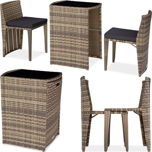 tectake® Poly Rattan Bistroset, platzsparend zusammenschiebbar, Gartenmöbel Set mit 2 Stühlen & Tisch, Outdoor Möbel, Sitzgruppe für Garten, Wintergarten, Balkon Terrasse - Natur