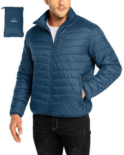 33,000ft Mens Winter Lightweight Jacket Warm Short Packable Puffer Jacket Transitional Padded Jacket Quilted Jacket for Men Lined for Hiking Travelling Ceramic Blue 2XL
