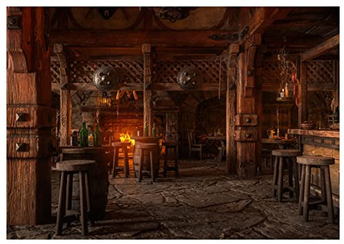 wandmotiv24 Fototapete Mittelalter Raum Fantasy Fass, L 300 x 210 cm - 6 Teile, Wanddeko, Wandbild, Wandtapete, Wikinger Fässer Hocker Gasthaus M6890