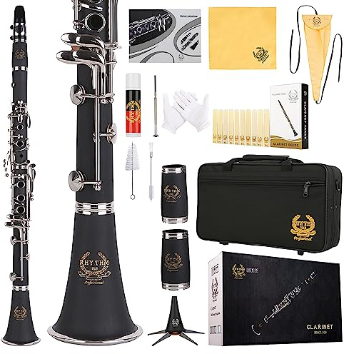 Rhythm Bb Clarinet 17 Nickel Keys Woodwind Band & Orchestra Musical Instruments for Beginners Includes Case, Stand, 10 Reeds and Cleaning Kit-Black/Silver keys