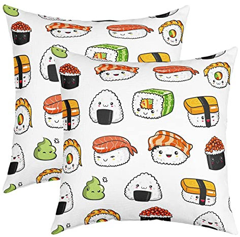 Loussiesd Sushi Muster Kissenbezüge Japanischer Stil Kissenbezug 50x50cm für Sofa Bett Auto Stuhl Essen Thema Dekokissen Niedlicher Cartoon Japanisches Sushi Schlafzimmer Kissenhülle Kopfkissenbezug