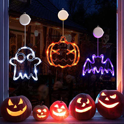 LOLStar Halloween Deko 3er-Pack Orange Kürbis weißes Geist lila Fledermaus Fensterlichter mit Saugnapf, batteriebetriebene Innenbeleuchtung für Halloween, langsamer Fade-Modus und Timer-Funktion