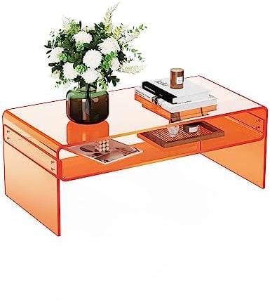 solaround Acryl Couchtisch für Wohnzimmer, Wohnzimmertisch Beistelltisch Transparent, Lucite Tisch mit Offenem Aufbewahrungsregal (Orange)