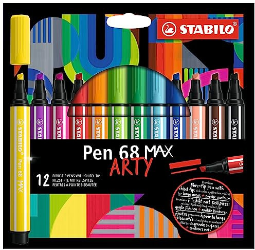 STABILO Pen 68 MAX - Premium Fibre-Tip Pen with Chisel Tip - ARTY - Pack of 12 - Assorted Colours