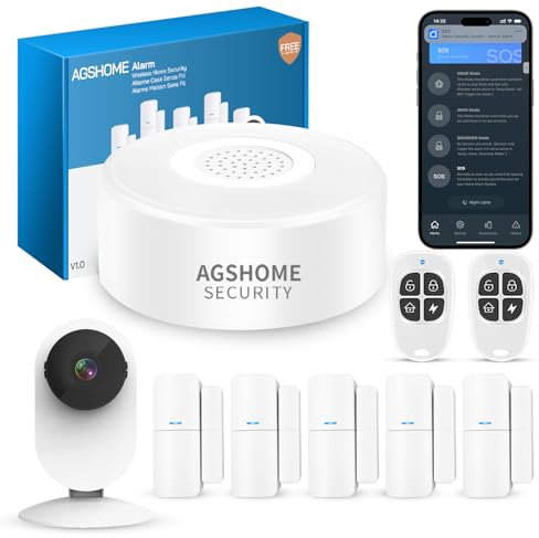 AGSHOME Sistema di allarme a 9 pezzi con 5 sensori per porte e finestre, 2 telecomandi e 1 telecamera - allarme per finestre, estensibile per casa, caravan, appartamento, garage, ufficio