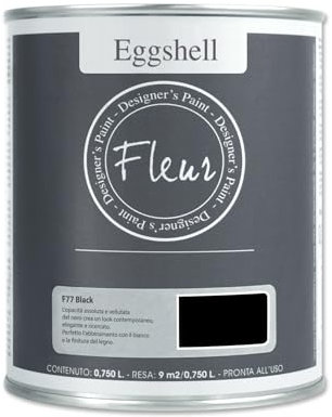 FLEUR DESIGNER'S PAINT | EGGSHELL Smalto Multisuperficie Satinato, Senza Carteggiare, 750 ml, F77 Black, a Base Acqua, Lavabile, Altissima Resistenza, Interno - Esterno, Pareti - Mobili