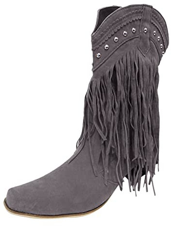 Kobilee Stivali Donna Camoscio Pelle Stivali Alti con Tacco Western Stivali Equitazione Biker Vintage Stivali Cowboy Frange Anfibi Stivali Texani Stivaletti Alti Invernali