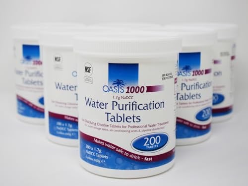 TEST ALL WATER - Oasis 1000 Water Purification Tablets | WHO Recommended 5ppm | Purifies in 30 Mins | NSF/ANSI Certified | 200 Tablets per Pot | Pack of 6 | Water Steriliser Tablets