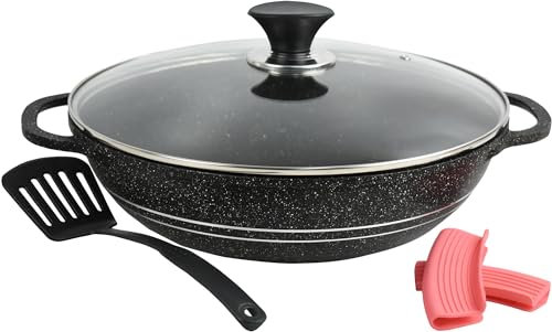 Karahi Non Stick Cooking Alloy Steel Wok Deep Frying Dual Handle Glass Lid with Extra Removable Handle Covers and Spatula Induction Compatible (32cm/7L)
