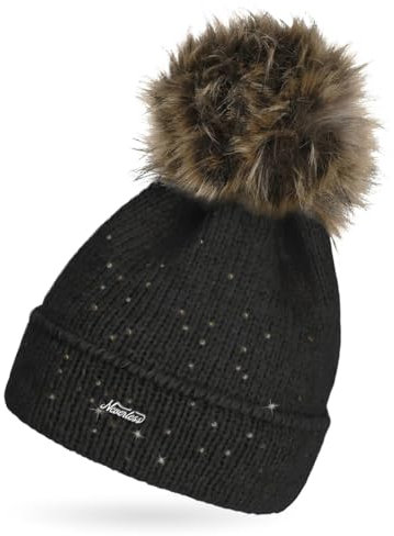 Neverless® Damen Strick-Mütze mit Fellbommel und Innenfutter Fleece Kunstfell Bommelmütze Glitzer-Effekt Umschlag schwarz Unisize