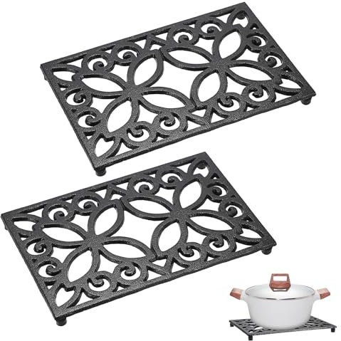 Sumnacon 9.4 x 6.1 Inch Cast Iron Trivet 2 Pack Iron Trivets for Hot Dishes Pots Pans Plates Teapots with Rubber Feets, Sturdy Metal Trivet for Kitchen Dining Table Cooktop, Black