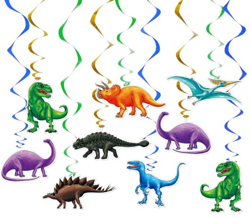 WERNNSAI Dinosaurier Party Wirbel Deko– 21 Stück Dinosaurier Party Dekorationen für Geburtstag Deckendekorationen für Kinder Jungen Thema Partyzubehör Glitzer Dekor Hängende Swirls