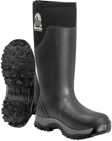 TerraTrax Men's Waterproof Rubber Mud Boots for Farm, Work & Concrete Black Size 10