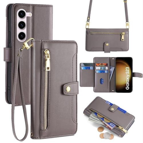 Handykette kompatibel mit Samsung Galaxy S23 | Leder Handyhülle mit Kartenfächern | Handyhülle zum Umhängen | Grau