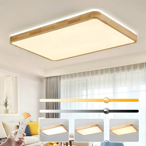 WayLuoung Holz LED Deckenleuchte | 90 * 65cm 3000-6000K 100W | Rechteckige 360° Leuchtende Natürliche Holzlampe, Schlafzimmer Wohnzimmer Kinderzimmer Küche Esszimmer (Dimmbar Mit Fernbedienung)