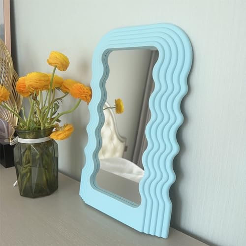 Hosoncovy Unregelmäßiger Rahmen Wand hängender Spiegel Desktop Spiegel Countertop Spiegel Eitelkeitsspiegel Kosmetischer Spiegel Dekorativer Spiegel Make-up Spiegel (Blau)