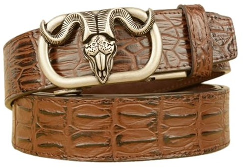 NALANY Gürtel Mit Geschnitztes Stier Schaf Silberfarbener Automatikschließe Klickschnalle Ratsche Ledergürtel Alligator Guertel Rindsleder Krokodil Print Für Herren(125cm/49, Brown)