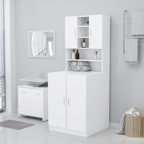 Gecheer Washing Machine Storage Cabinet Bathroom Storage Rack Wooden Laundry Cupboard with Shelves White 71x71.5x91.5 cm