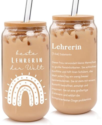 ANOTION Lehrerin Geschenk, 532 ml Glasbecher mit Bambusdeckel und Strohhalm, Lehrerin Tasse, Eiskaffeebecher, Geburtstag Dankeschön Valentinstag Geschenke für Lehrerin, Abschiedsgeschenk Erzieherin