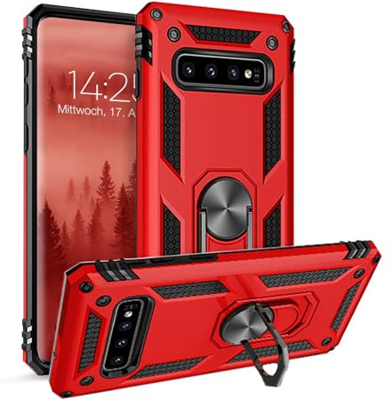 LBH Outdoor Hülle für Samsung Galaxy S10+ Armor Militär Stoßfest Handyhülle 360 Grad Metal Ring Halter Ständer Schutzhülle für Handyhalterung Auto Magnet Rot