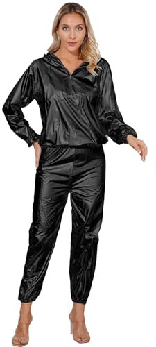 Traje de sauna para hombres y mujeres, pérdida de peso, ejercicio, fitness, antidesgarros, traje de sauna para entrenamiento, sudadera con capucha y pantalones, Negro, XXL