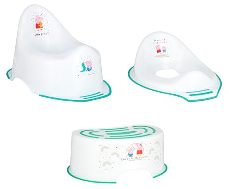 Peppa Pig Teal Potty Training Toilet Seat, Plus Step Stool, Lightweight, Anti-Stick, Wipe Clean Portable Seat 18M+ Toddler Toilet Range 3 Piece Set for Kids