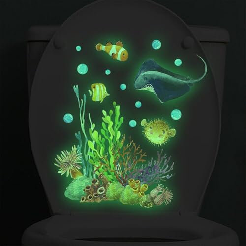 Autocollants De Toilette du Monde sous-Marin Autocollants De Toilette Océan Lumineux Autocollants D'abattant De Toilette Autocollants Décoratifs D'aquarium pour Plafond De Chambre d'enfant