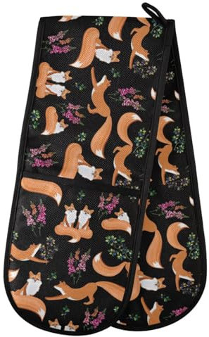 Fox and Flowers Double Oven Mitt Heat Resistant Non-Slip Kitchen Gloves Extra Long 7 x 35 for Cooking Baking Barbecue Grilling