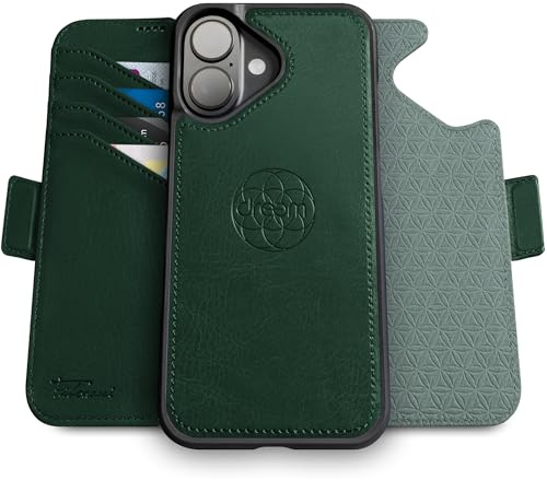 Dreem Vegan Leather Magnetic Detachable Wallet Case for iPhone 16 Plus | Revolutionary Vert/Hor Phone Stand, RFID Blocking Card Holder Flip Cover, MagSafe-Fit, Gift Box [Fibonacci: Green]