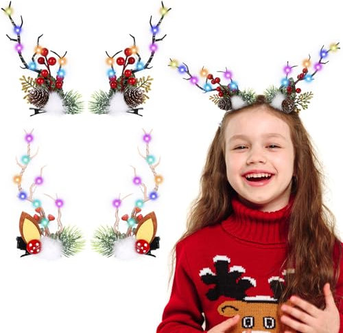 2 Paires Barrette de Noël Lumineux, Cerf Tete Noel Pinces à Cheveux de Renne, Serre Tete Renne Lumineux Accessoire Noel pour Filles Femmes