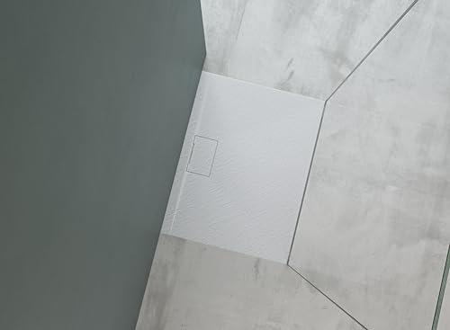 Mai & Mai Plato de ducha de 80 x 90 x 3 cm, bandeja de ducha de mineral fundido, en color blanco, conexiones DIN Geoma07