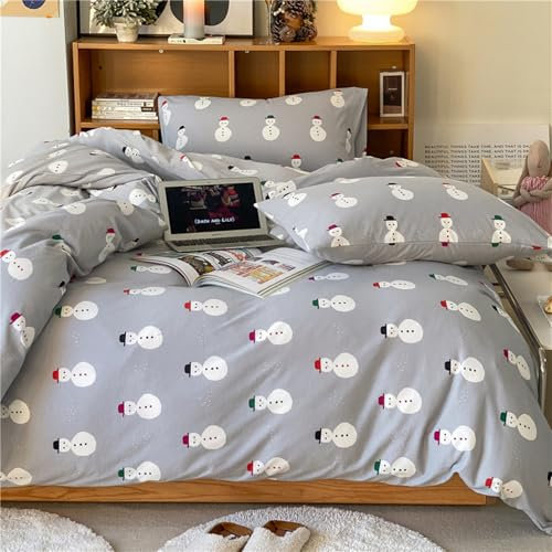 Freyamy Weihnachts Bettwäsche Set 200x200cm Grau Bunt Schneemann Bettwaren-Sets Junge Mädchen Weihnachtsmotive Deckenbezug Mikrofaser Kinder Bettbezug mit Reißverschluss und 2 Kissenbezug 80x80cm
