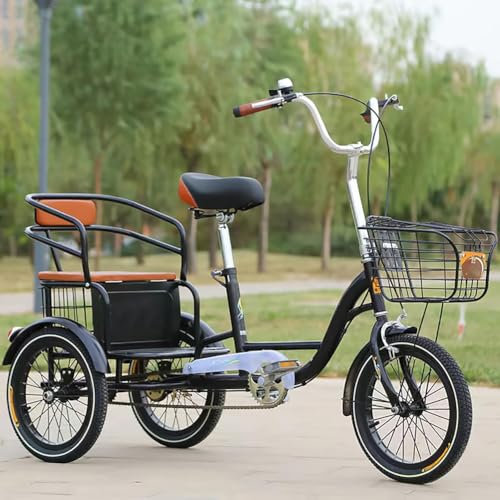 MegLob 16IN Tricycle Bike for Adults, 3 Wheel Tandem Bicycle with Shopping Baskets, 1 Speed Tricycle with Double Disc Brake, Three-Wheeled Cargo Bike for Seniors, Cruiser Bike for Picnic,Black