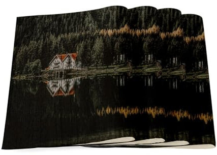 Tischsets aus Leinen – Holzhaus am See im Wald – großes Format 40 x 28,5 cm, 4 Stück